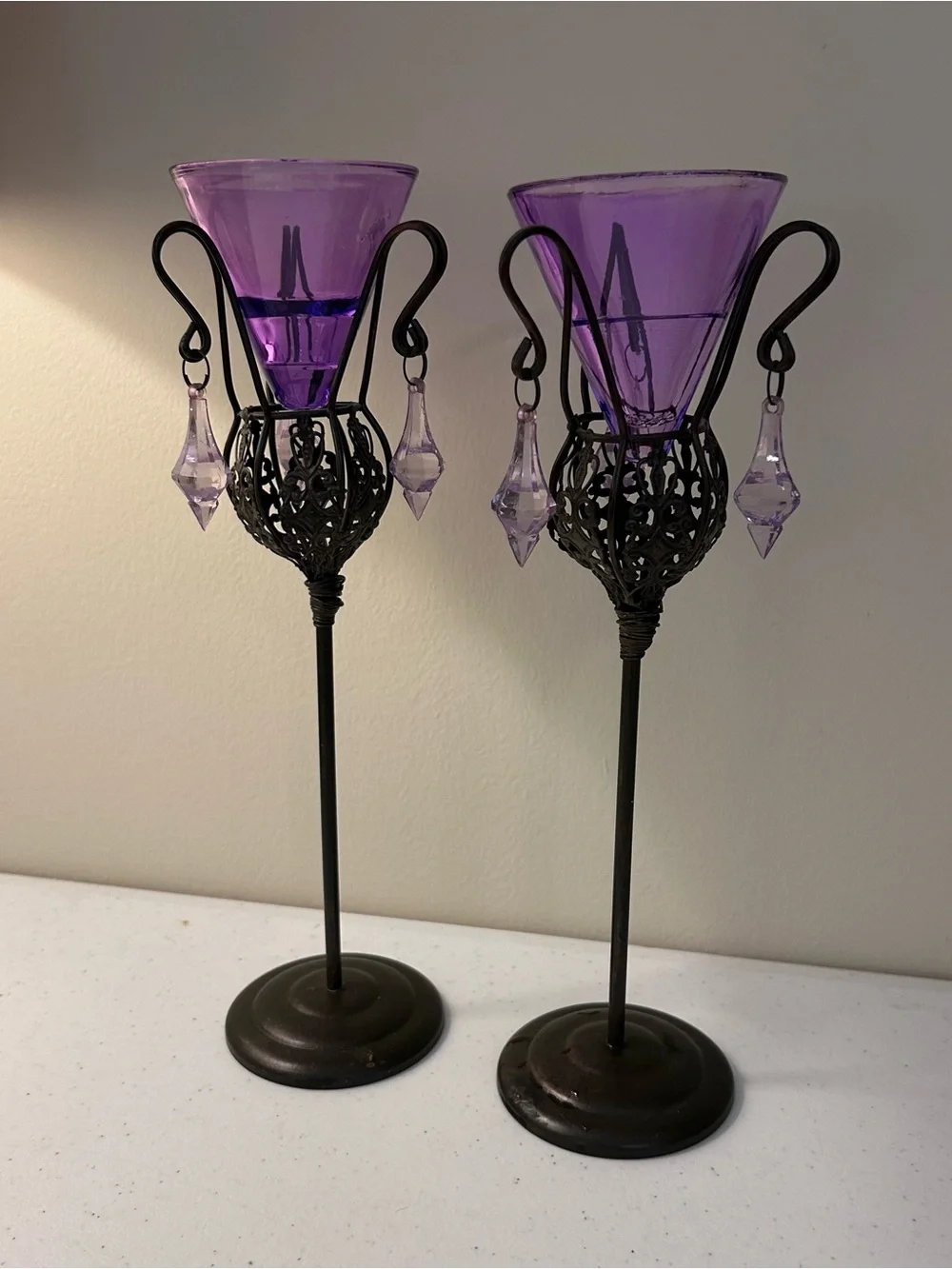 2 Purple Glass Cone Tealight Candle Holders Metal Stands Whimsy Glow Set